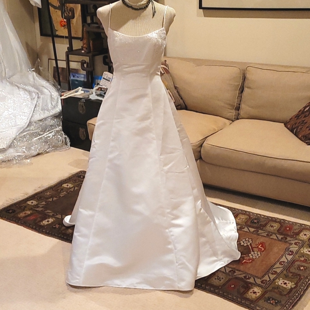 Satin sheer back collar back waist covered buttons train bridal gown